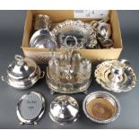 A silver plated card tray and minor plated wares