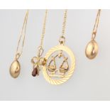 Four 9ct yellow gold pendants and chains, a pair of earrings and a pendant, 14 grams