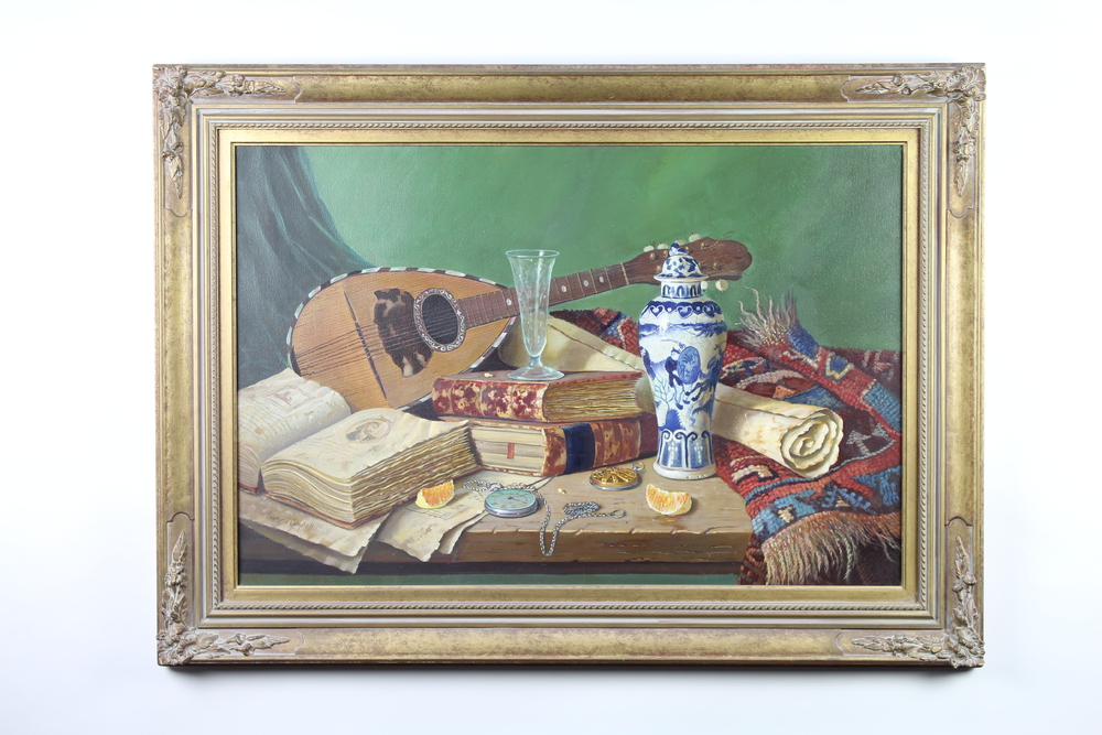 Raymond Campbell (b.1956), oil on canvas signed, still life with Chinese blue and white vase, books, - Image 2 of 3