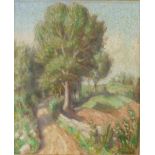 Paul Theophile Robert (1879-1954), oil on board, country lane 25cm x 21cm This oil has brown