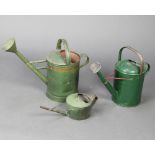 A 19th Century French green painted cylindrical watering can 28cm h x 23cm (old repair to the base),