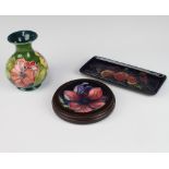 A modern Moorcroft rectangular pin tray decorated with birds and fruit 20cm, ditto circular dish