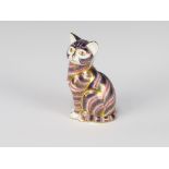 A Royal Crown derby Imari pattern paperweight of a seated cat with silver stopper 14cm