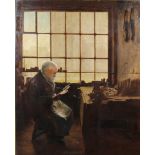 19th century oil on board unsigned, interior scene of a violin maker, 86cm by 69cm