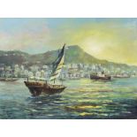 H Gray '68, oil on canvas signed, "The Harbour Hong Kong" unframed 46cm x 61cm