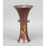 An Art Nouveau bronze trumpet shaped twin handled vase 25cm h x 15cm