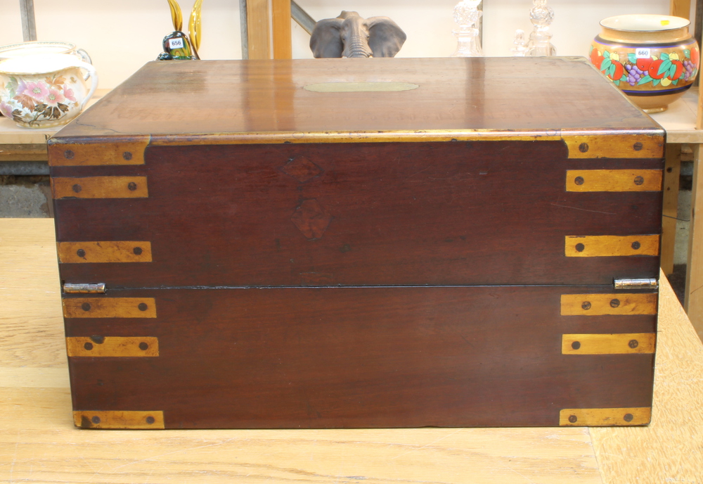 A Georgian mahogany and brass banded writing slope with hinged lid and secret drawer 18cm h x 35cm w - Image 7 of 14