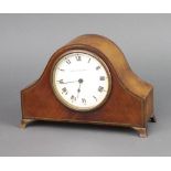 A 1930's bedroom timepiece with enamelled dial and Roman numerals contained in an inlaid mahogany