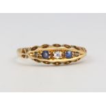 A Victorian 18ct yellow gold sapphire and diamond ring size J, 2.3 grams