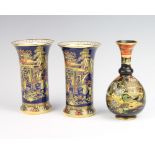 A pair of Carlton Ware blue ground vases decorated with chinoiserie scenes 15cm together with a