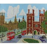 Andrew Murray, oil on canvas, signed, naive London scene with Lambeth Palace and The Houses of