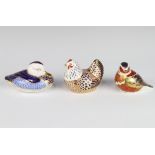 A Royal Crown Derby Imari pattern bird paperweight with silver stopper 7cm, a ditto of a duck silver