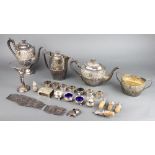 A silver plated repousse 3 piece tea set and minor plated wares