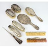 A pair of silver hair brushes Birmingham 1919, 2 similar clothes brushes, hair brush, hand mirror, 2