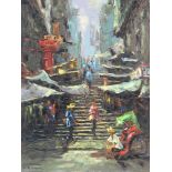 D C Chan, oil on canvas signed, figures in a market street, unframed 61cm x 45cm