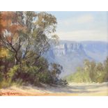 John Emmett, (1927 onwards) oil on board, Australian extensive landscape with label to verso "
