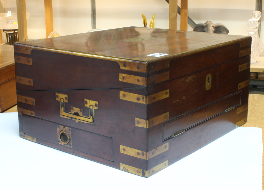 A Georgian mahogany and brass banded writing slope with hinged lid and secret drawer 18cm h x 35cm w - Image 4 of 14