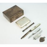 A silver cigarette case London 1903, an engine turned silver cigarette box and minor items,