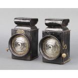 A pair of Orno Japanned car lamps 17cm x 10cm x 10cm together with a photocopied drawing and