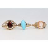 Three 9ct yellow gold gem set rings sizes L, M and N