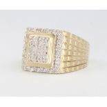 A gentleman's 9ct yellow gold pave set diamond signet ring, approx 0.51ct, 9.1 grams, size Q 1/2