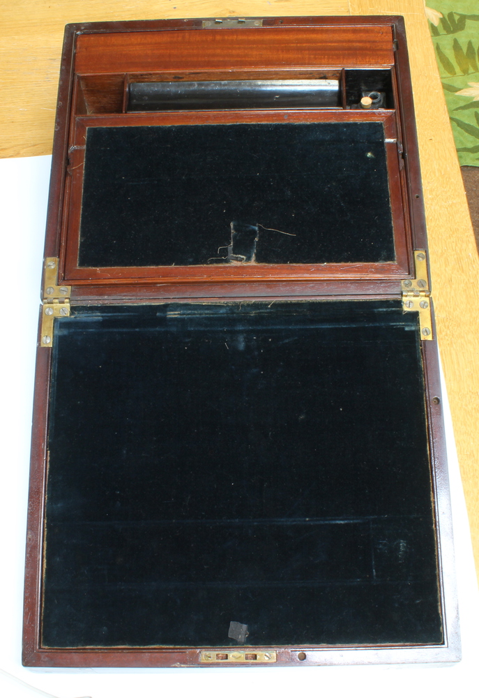 A Georgian mahogany and brass banded writing slope with hinged lid and secret drawer 18cm h x 35cm w - Image 3 of 14
