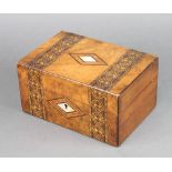 A Victorian rectangular inlaid walnut trinket box with diamond shaped mother of pearl escutcheon