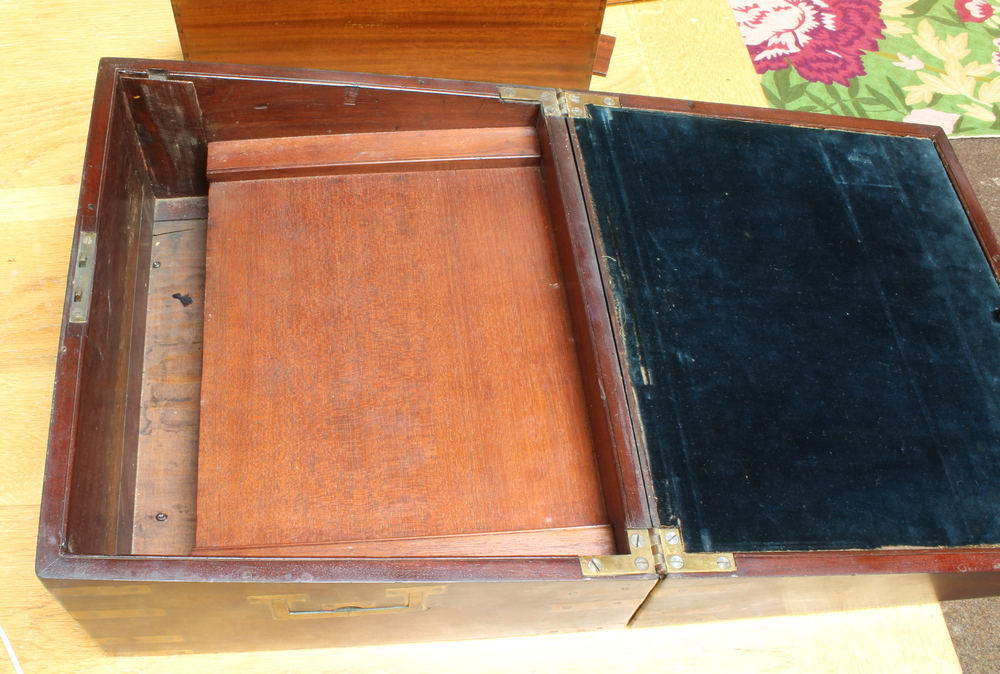 A Georgian mahogany and brass banded writing slope with hinged lid and secret drawer 18cm h x 35cm w - Image 12 of 14