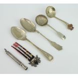 A tortoiseshell gem set hair pin, sterling silver cigar piercer and minor plated cutlery