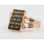 A 9ct yellow gold 19th Century enamelled in memorial ring "Frances Levett OB.13 Sep 1802 AE 48" with
