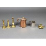 A copper waisted jug with brass finial 18cm x 14cm, a pair of 19th Century brass candlesticks