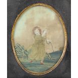 A Regency oval silver work embroidery of a young girl holding a bird 15cm x 11cm This picture is