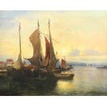 Julius Rollmann, oil on canvas signed, sunset harbour scene with fishing boats and figures and