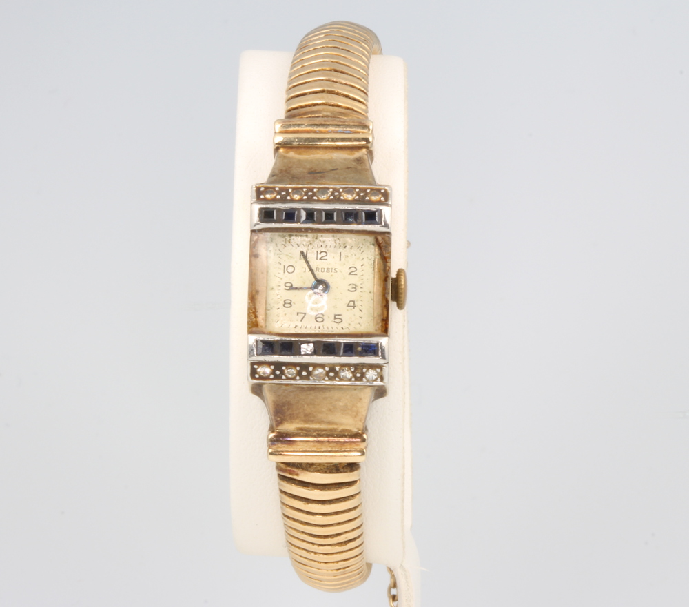 A lady's Art Deco style 9ct yellow gold sapphire and diamond set cocktail watch, 24 grams groos