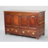 An 18th Century oak cabinet enclosed by arch shaped panelled doors, the base fitted 2 long drawers