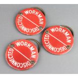 Three red and white enamelled 19 Railwayman Workman Disconnected badges 7cm diam. (all with chips to