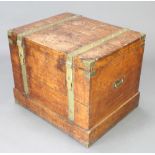 A Victorian oak and brass banded plate trunk with hinged lid and countersunk handles, 61cm h x