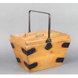A 1920's rectangular pine and metal bound housekeepers basket with swing handle 22cm h x 34cm w x