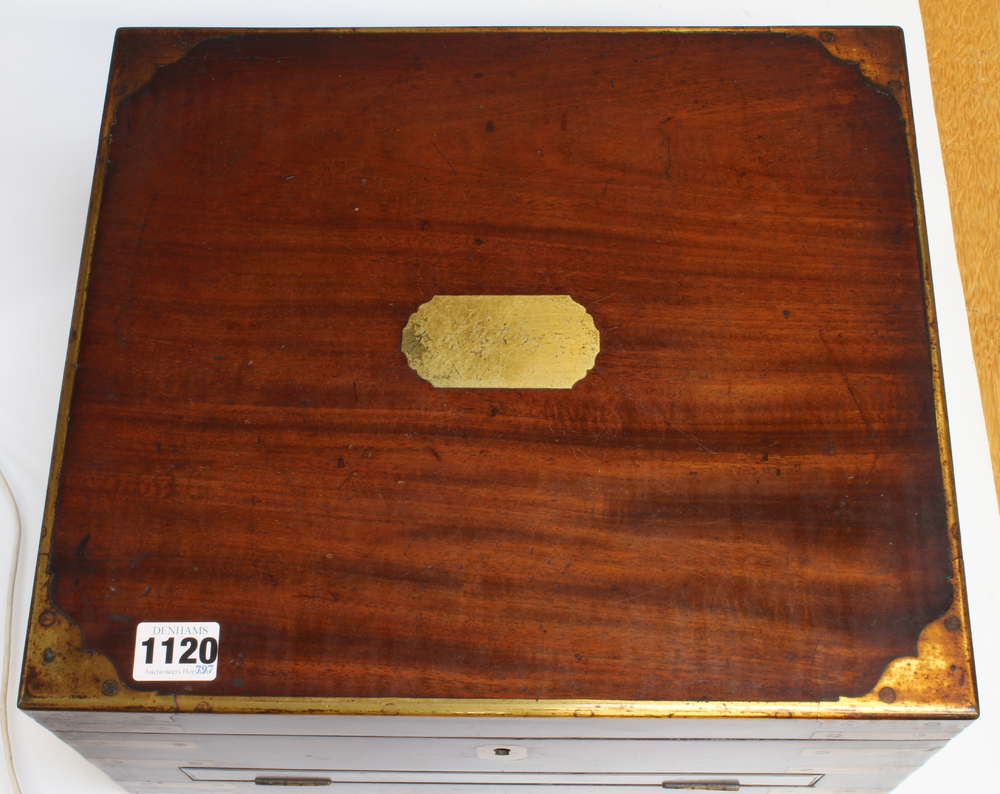 A Georgian mahogany and brass banded writing slope with hinged lid and secret drawer 18cm h x 35cm w - Image 2 of 14