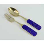 A Danish silver and blue enamelled Christmas fork and spoon, dated 1964 by A Michelsen