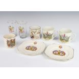 A Victorian commemorative mug, 3 others, 2 plates and 2 glasses