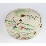 A 20th Century Chinese circular bowl and cover decorated with script and figures in garden