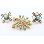 An Edwardian yellow gold, seed pearl and turquoise brooch and a pair of similar ear clips