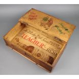 A 1920's wooden box with hinged lid formed from Teacher's Whisky crates marked "The Right Spirit