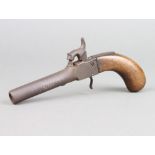 A 19th Century percussion lock pocket pistol, the 7cm barrel with crossed swords proof mark? The