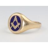 A 9ct yellow gold enamelled Masonic signet ring size T, 7 grams