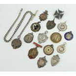 A silver watch chain together with 15 fobs and badges 168 grams