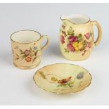 A Royal Worcester blush porcelain dish decorated with flowers 8cm, a ditto cup 5cm and a jug 7cm