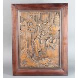 A Chinese carved hardwood plaque depicting standing figures 56cm h x 73cm