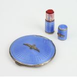A silver and blue guilloche enamel powder compact Birmingham 1938, a similar lipstick holderBoth
